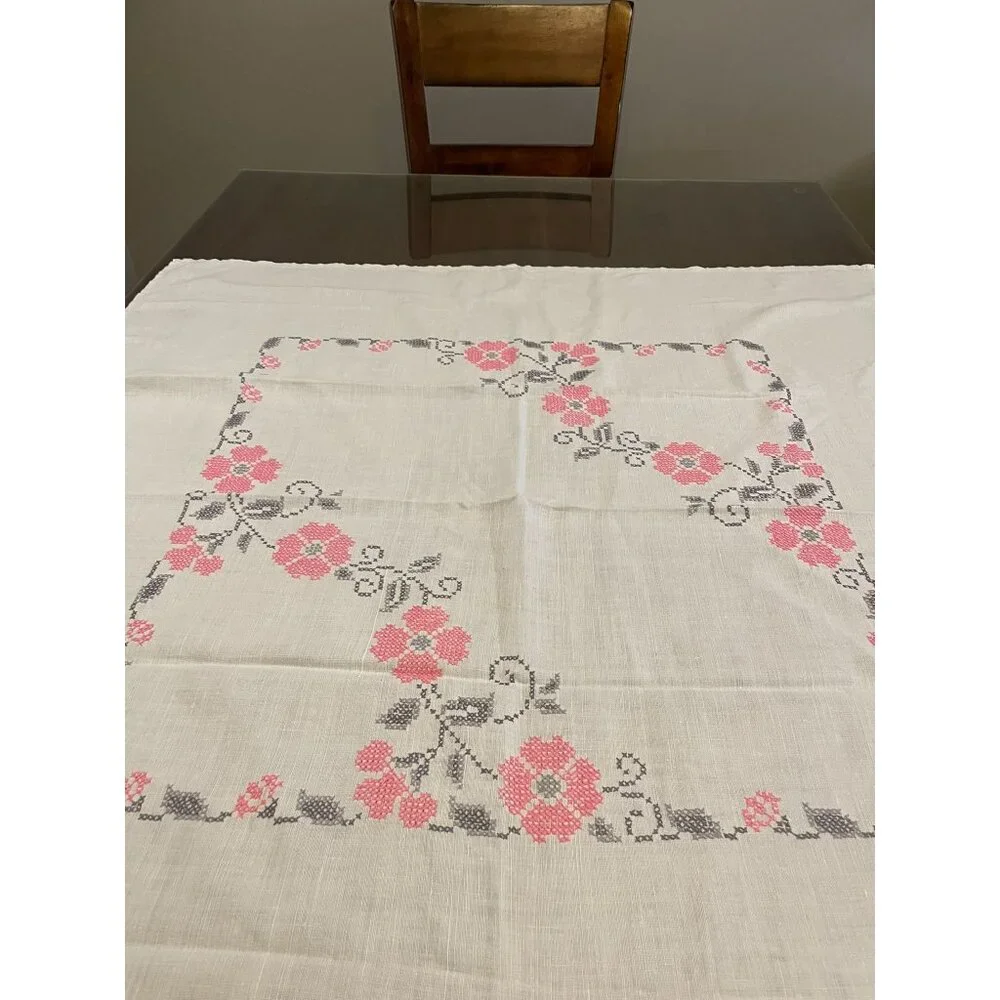 Vintage Cross Stitch Tablecloth Used Pink Gray